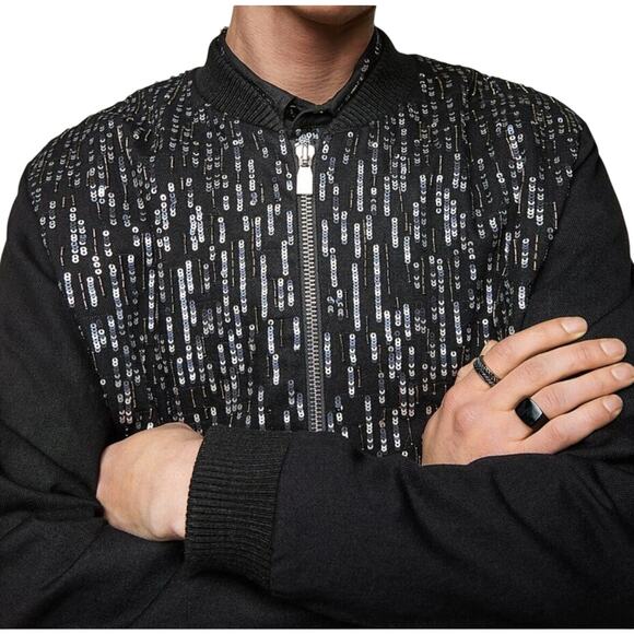Zara Sequin Bomber Jacket Full Zip Black Denim - Picture 3 of 16